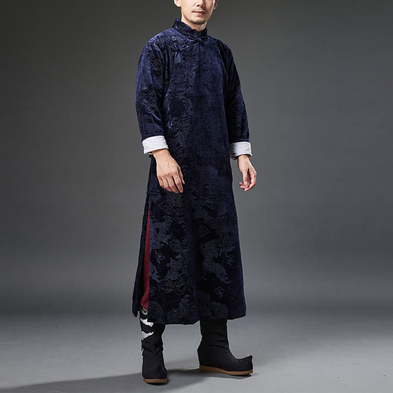 Buddha Stones Vintage Herbst Winter Chinesischer Tang-Anzug mit Froschknöpfen, Jacquard-Robe für Herren mit Drachenmotiv und Taschen - image 2