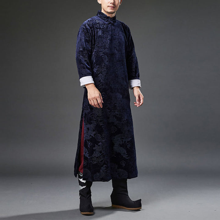 Buddha Stones Vintage Herbst Winter Chinesischer Tang-Anzug mit Froschknöpfen, Jacquard-Robe für Herren mit Drachenmotiv und Taschen