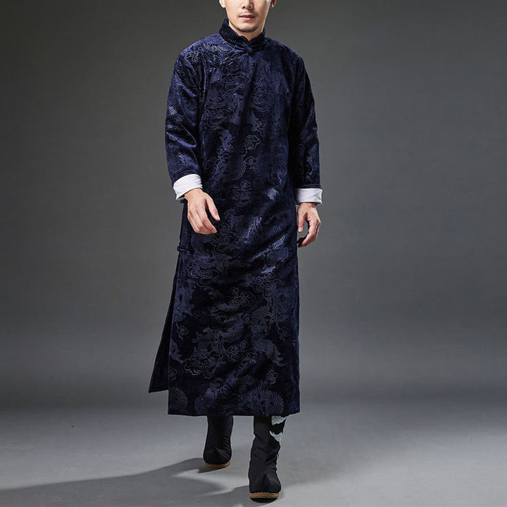 Buddha Stones Vintage Herbst Winter Chinesischer Tang-Anzug mit Froschknöpfen, Jacquard-Robe für Herren mit Drachenmotiv und Taschen