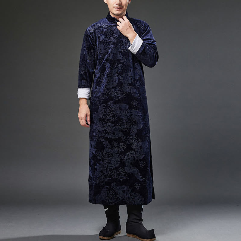 Buddha Stones Vintage Herbst Winter Chinesischer Tang-Anzug mit Froschknöpfen, Jacquard-Robe für Herren mit Drachenmotiv und Taschen