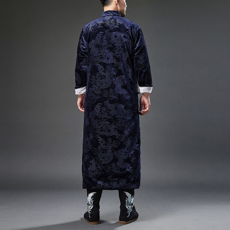 Buddha Stones Vintage Herbst Winter Chinesischer Tang-Anzug mit Froschknöpfen, Jacquard-Robe für Herren mit Drachenmotiv und Taschen - image 4