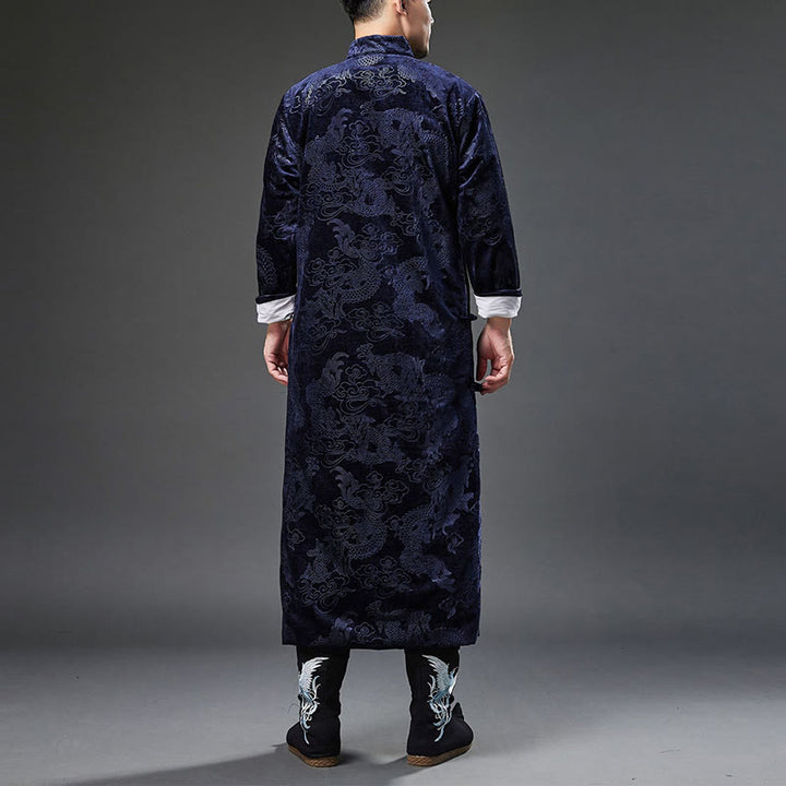 Buddha Stones Vintage Herbst Winter Chinesischer Tang-Anzug mit Froschknöpfen, Jacquard-Robe für Herren mit Drachenmotiv und Taschen - image 4