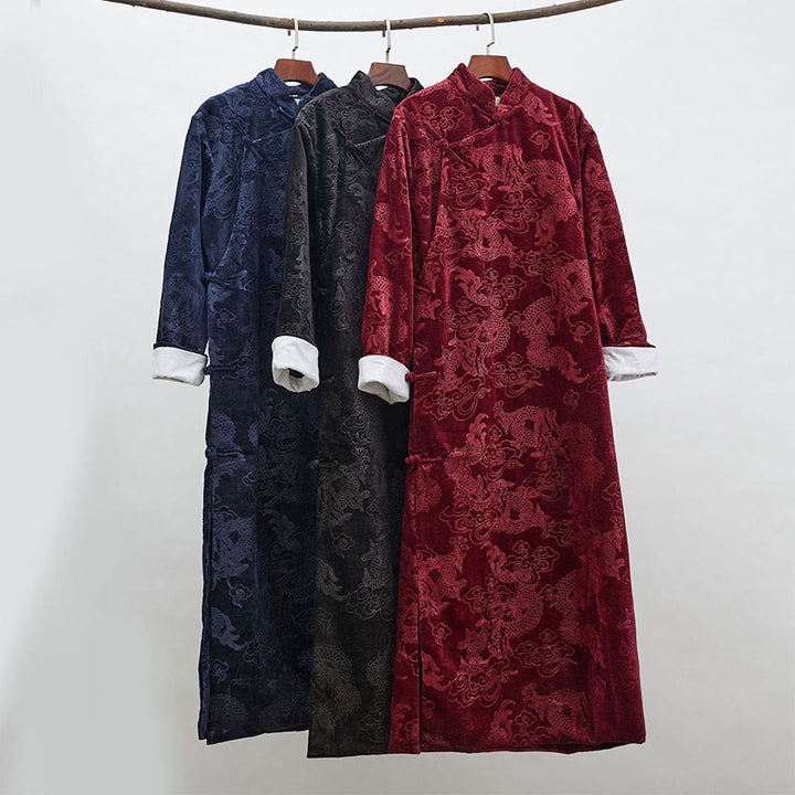 Buddha Stones Vintage Herbst Winter Chinesischer Tang-Anzug mit Froschknöpfen, Jacquard-Robe für Herren mit Drachenmotiv und Taschen - image 1