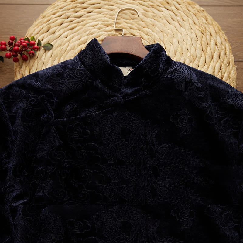 Buddha Stones Vintage Herbst Winter Chinesischer Tang-Anzug mit Froschknöpfen, Jacquard-Robe für Herren mit Drachenmotiv und Taschen - image 9