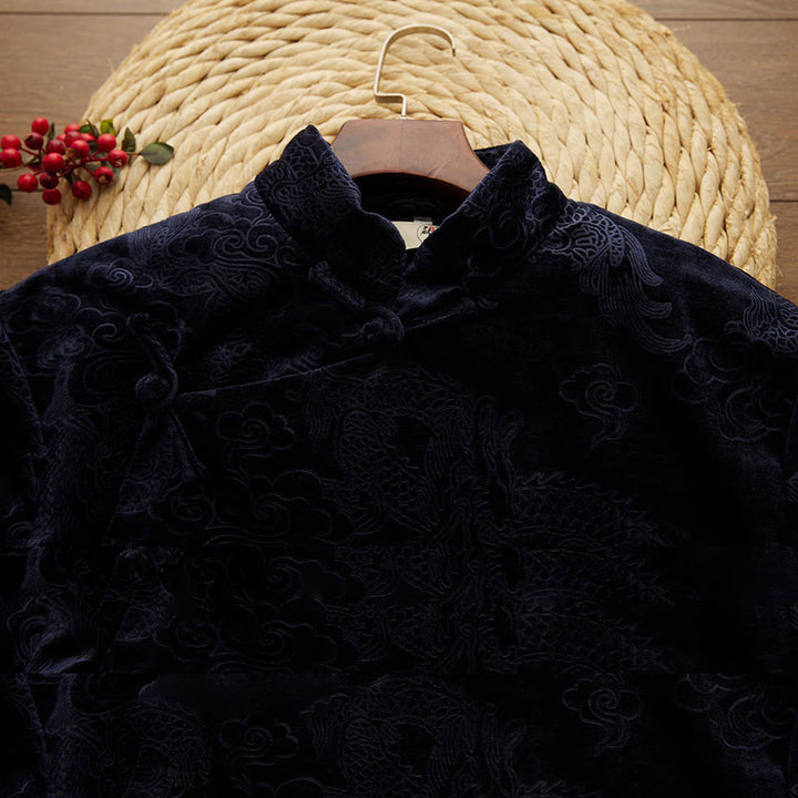 Buddha Stones Vintage Herbst Winter Chinesischer Tang-Anzug mit Froschknöpfen, Jacquard-Robe für Herren mit Drachenmotiv und Taschen - image 9