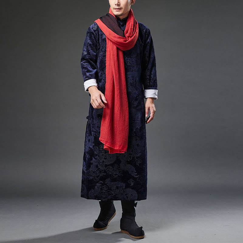 Buddha Stones Vintage Herbst Winter Chinesischer Tang-Anzug mit Froschknöpfen, Jacquard-Robe für Herren mit Drachenmotiv und Taschen - image 7