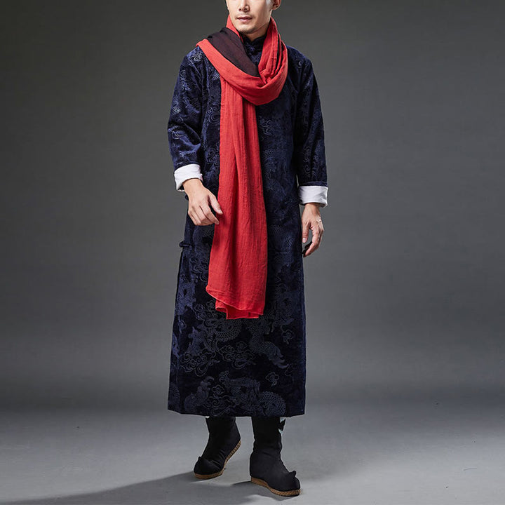 Buddha Stones Vintage Herbst Winter Chinesischer Tang-Anzug mit Froschknöpfen, Jacquard-Robe für Herren mit Drachenmotiv und Taschen