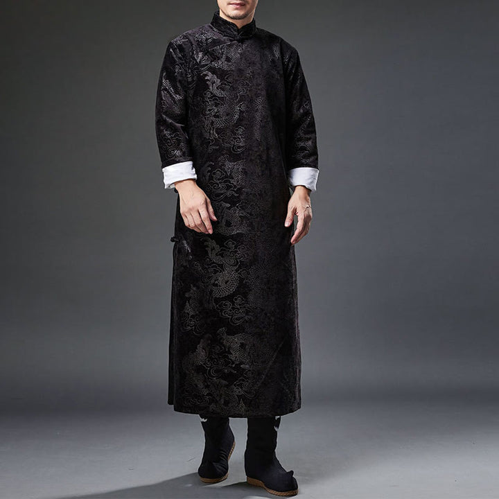 Buddha Stones Vintage Herbst Winter Chinesischer Tang-Anzug mit Froschknöpfen, Jacquard-Robe für Herren mit Drachenmotiv und Taschen