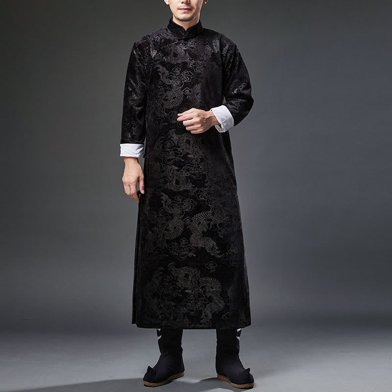 Buddha Stones Vintage Herbst Winter Chinesischer Tang-Anzug mit Froschknöpfen, Jacquard-Robe für Herren mit Drachenmotiv und Taschen