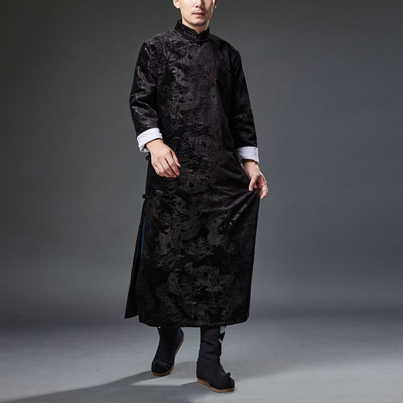 Buddha Stones Vintage Herbst Winter Chinesischer Tang-Anzug mit Froschknöpfen, Jacquard-Robe für Herren mit Drachenmotiv und Taschen