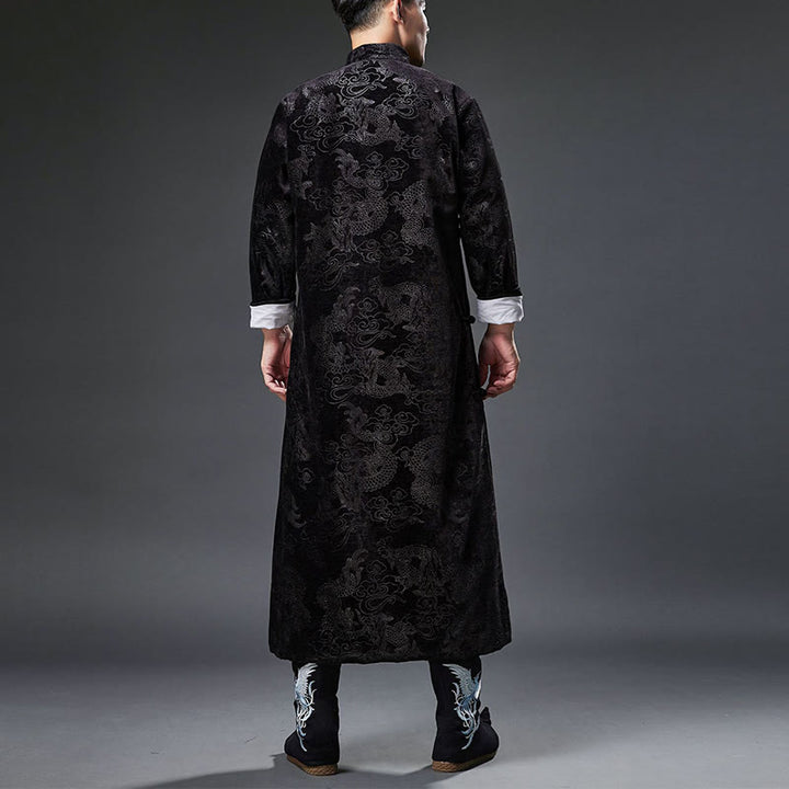 Buddha Stones Vintage Herbst Winter Chinesischer Tang-Anzug mit Froschknöpfen, Jacquard-Robe für Herren mit Drachenmotiv und Taschen