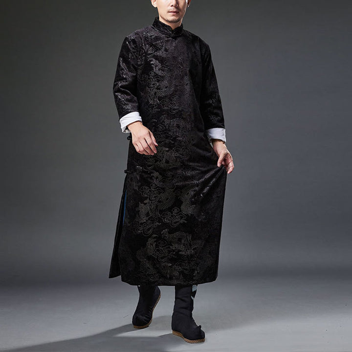 Buddha Stones Vintage Herbst Winter Chinesischer Tang-Anzug mit Froschknöpfen, Jacquard-Robe für Herren mit Drachenmotiv und Taschen - image 16