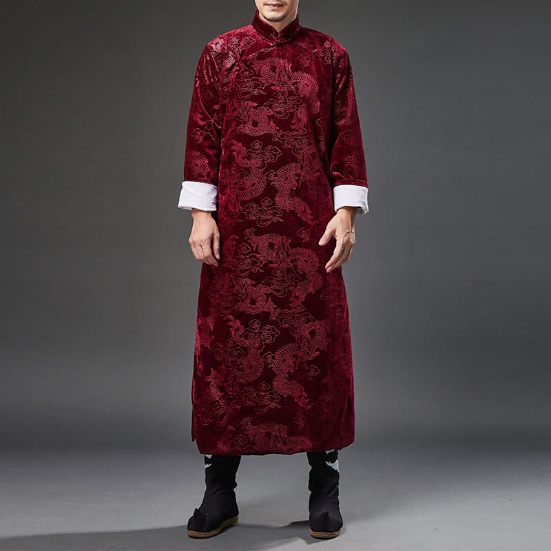 Buddha Stones Vintage Herbst Winter Chinesischer Tang-Anzug mit Froschknöpfen, Jacquard-Robe für Herren mit Drachenmotiv und Taschen