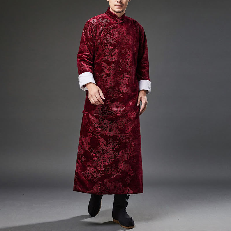 Buddha Stones Vintage Herbst Winter Chinesischer Tang-Anzug mit Froschknöpfen, Jacquard-Robe für Herren mit Drachenmotiv und Taschen