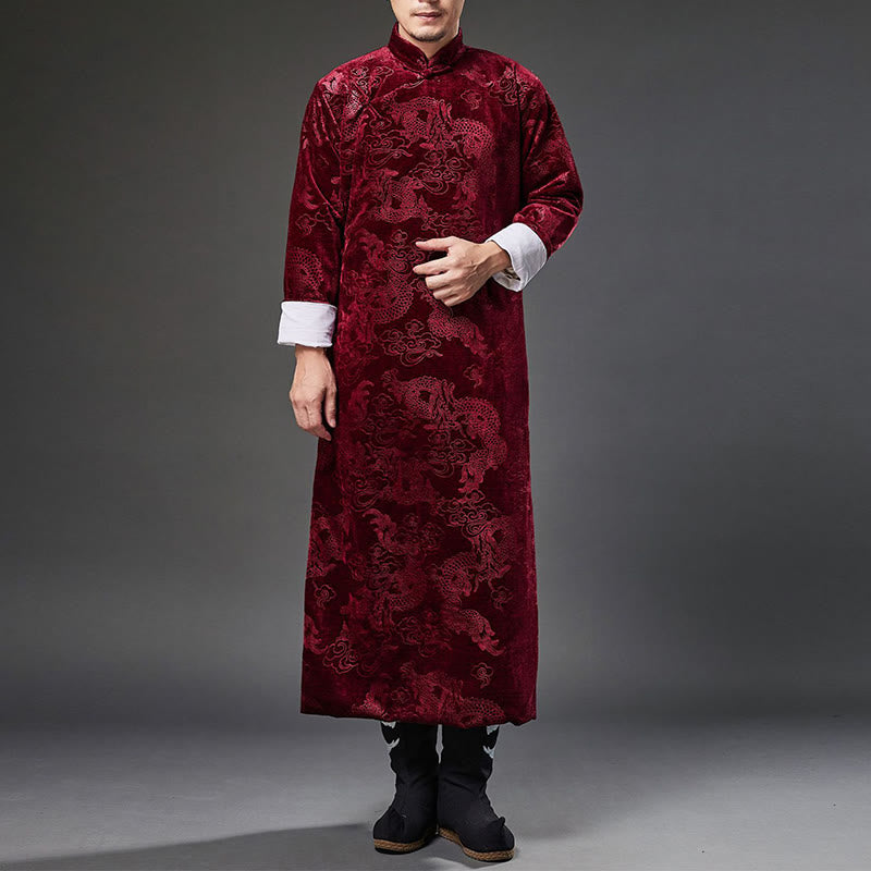 Buddha Stones Vintage Herbst Winter Chinesischer Tang-Anzug mit Froschknöpfen, Jacquard-Robe für Herren mit Drachenmotiv und Taschen