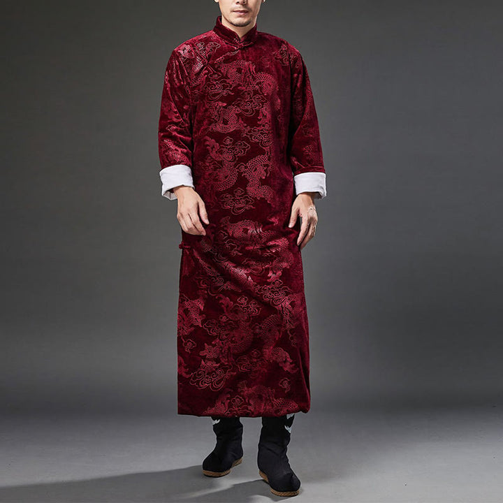 Buddha Stones Vintage Herbst Winter Chinesischer Tang-Anzug mit Froschknöpfen, Jacquard-Robe für Herren mit Drachenmotiv und Taschen