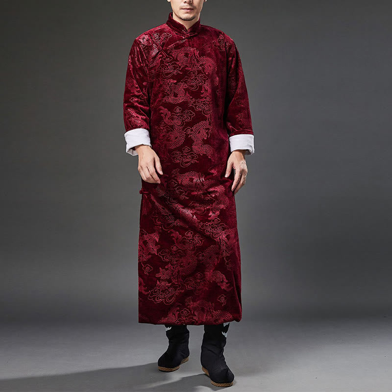 Buddha Stones Vintage Herbst Winter Chinesischer Tang-Anzug mit Froschknöpfen, Jacquard-Robe für Herren mit Drachenmotiv und Taschen - image 24