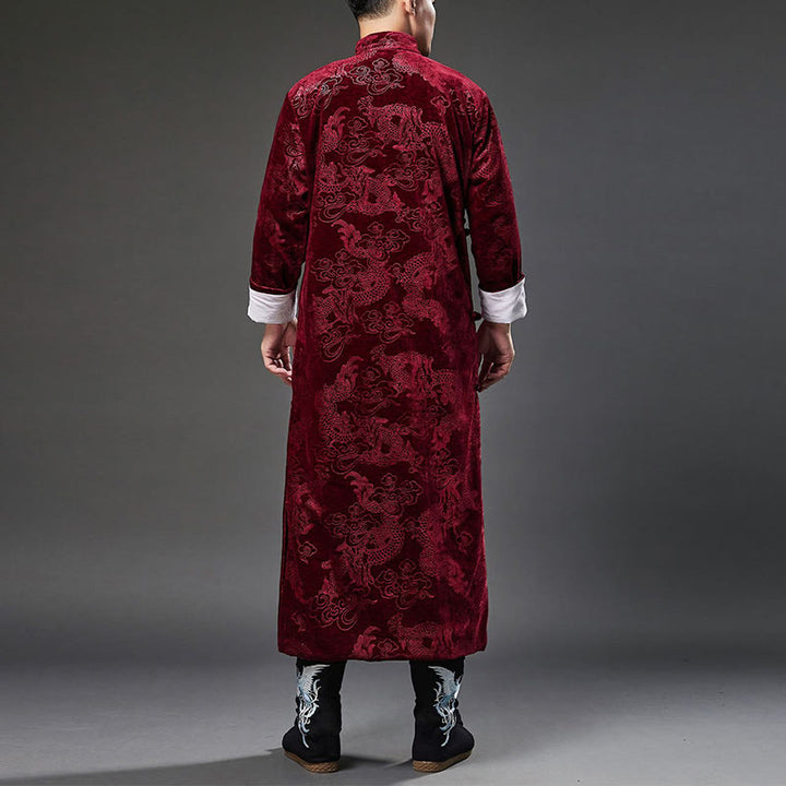 Buddha Stones Vintage Herbst Winter Chinesischer Tang-Anzug mit Froschknöpfen, Jacquard-Robe für Herren mit Drachenmotiv und Taschen