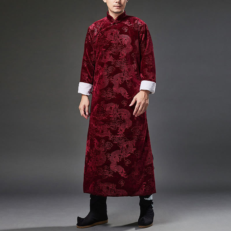 Buddha Stones Vintage Herbst Winter Chinesischer Tang-Anzug mit Froschknöpfen, Jacquard-Robe für Herren mit Drachenmotiv und Taschen