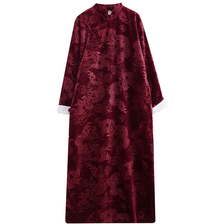 Buddha Stones Vintage Herbst Winter Chinesischer Tang-Anzug mit Froschknöpfen, Jacquard-Robe für Herren mit Drachenmotiv und Taschen