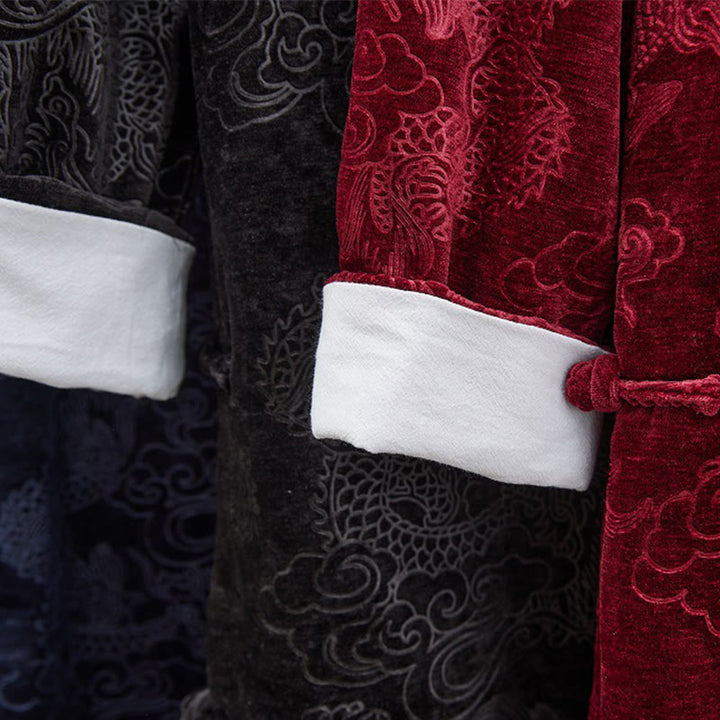 Buddha Stones Vintage Herbst Winter Chinesischer Tang-Anzug mit Froschknöpfen, Jacquard-Robe für Herren mit Drachenmotiv und Taschen - image 28