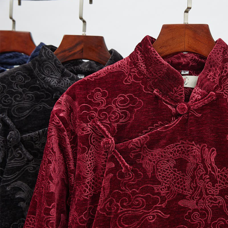 Buddha Stones Vintage Herbst Winter Chinesischer Tang-Anzug mit Froschknöpfen, Jacquard-Robe für Herren mit Drachenmotiv und Taschen - image 26