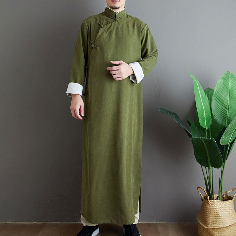 Buddha Stones ​​Herbst Einfarbiger chinesischer Tang-Anzug für Herren mit Froschknopfverschluss - Olivgrün - US/ UK/AU 38, EU 48 (XL) - image 0