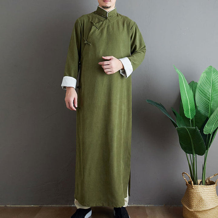 Buddha Stones ​​Herbst Einfarbiger chinesischer Tang-Anzug für Herren mit Froschknopfverschluss - Olivgrün - US/ UK/AU 38, EU 48 (XL) - image 0