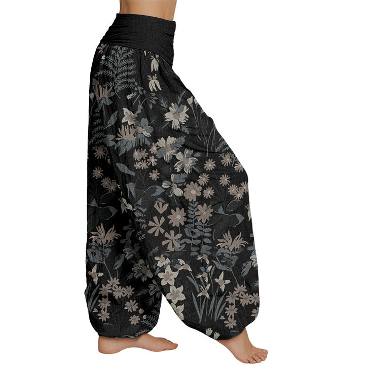 Lässige Haremshose mit Gänseblümchen-Blumen-Blätter-Design für Damen mit elastischer Taille und Buddha Stones