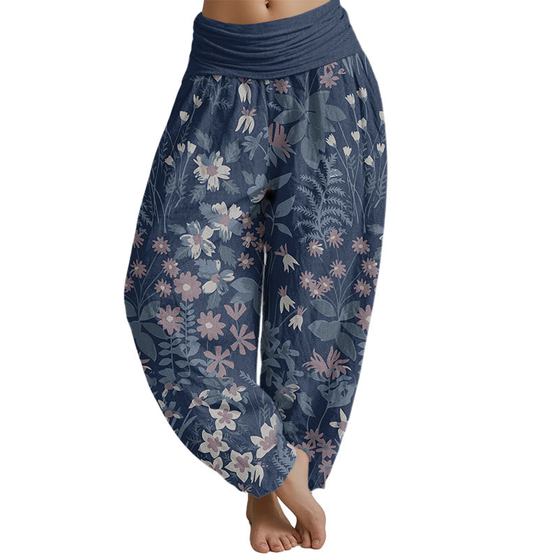 Lässige Haremshose mit Gänseblümchen-Blumen-Blätter-Design für Damen mit elastischer Taille und Buddha Stones