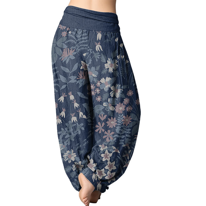 Lässige Haremshose mit Gänseblümchen-Blumen-Blätter-Design für Damen mit elastischer Taille und Buddha Stones