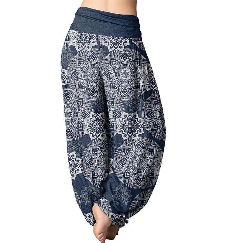 Buddha Stones Haremshose mit rundem Mandala-Blumen-Design und elastischer Taille für Damen