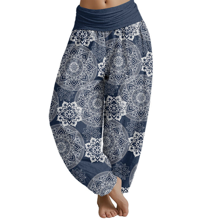 Buddha Stones Haremshose mit rundem Mandala-Blumen-Design und elastischer Taille für Damen