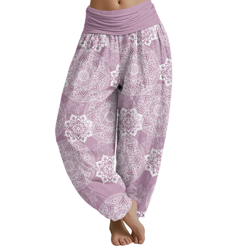 Buddha Stones Haremshose mit rundem Mandala-Blumen-Design und elastischer Taille für Damen