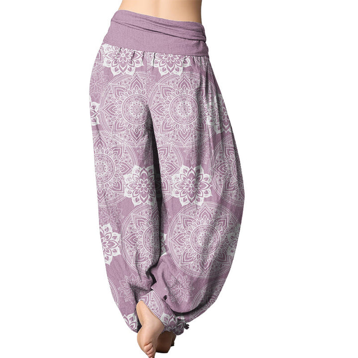 Buddha Stones Haremshose mit rundem Mandala-Blumen-Design und elastischer Taille für Damen