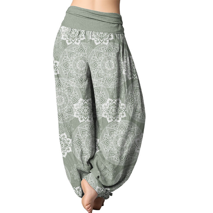 Buddha Stones Haremshose mit rundem Mandala-Blumen-Design und elastischer Taille für Damen