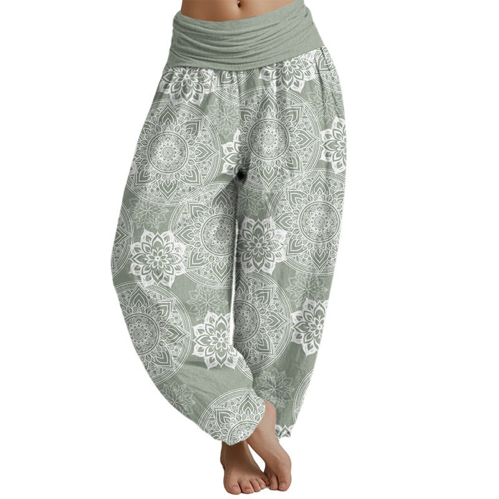 Buddha Stones Haremshose mit rundem Mandala-Blumen-Design und elastischer Taille für Damen