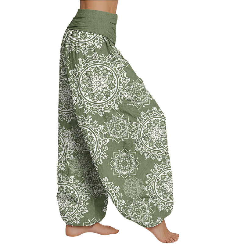 Lässige Haremshose mit weißem Mandala-Blumen-Design von Buddha Stones für Damen mit elastischer Taille