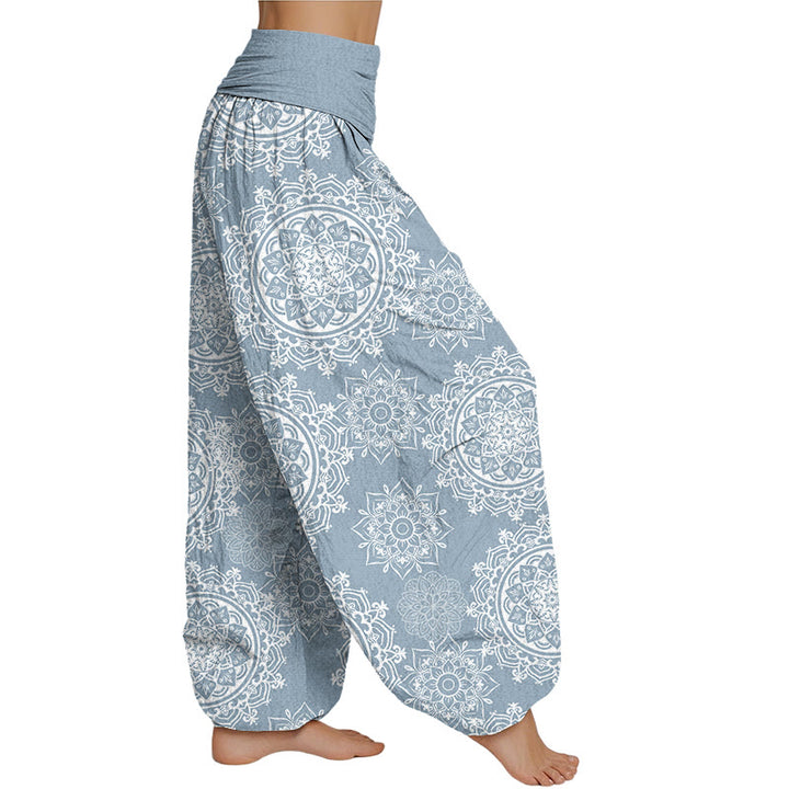 Lässige Haremshose mit weißem Mandala-Blumen-Design von Buddha Stones für Damen mit elastischer Taille