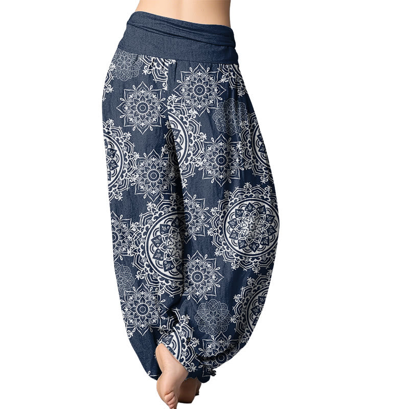 Lässige Haremshose mit weißem Mandala-Blumen-Design von Buddha Stones für Damen mit elastischer Taille