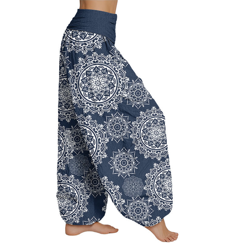 Lässige Haremshose mit weißem Mandala-Blumen-Design von Buddha Stones für Damen mit elastischer Taille