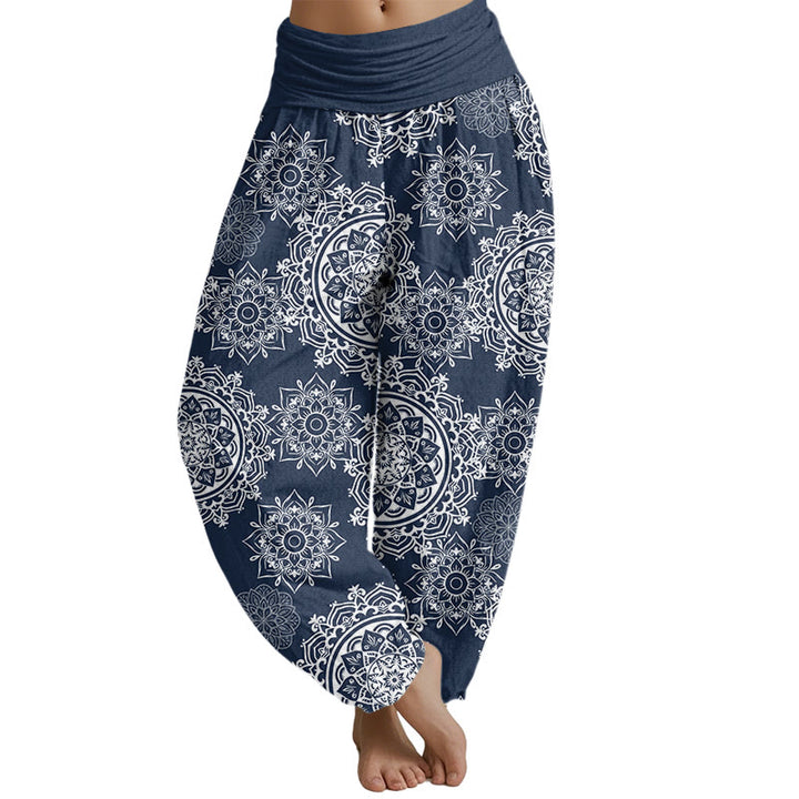 Lässige Haremshose mit weißem Mandala-Blumen-Design von Buddha Stones für Damen mit elastischer Taille