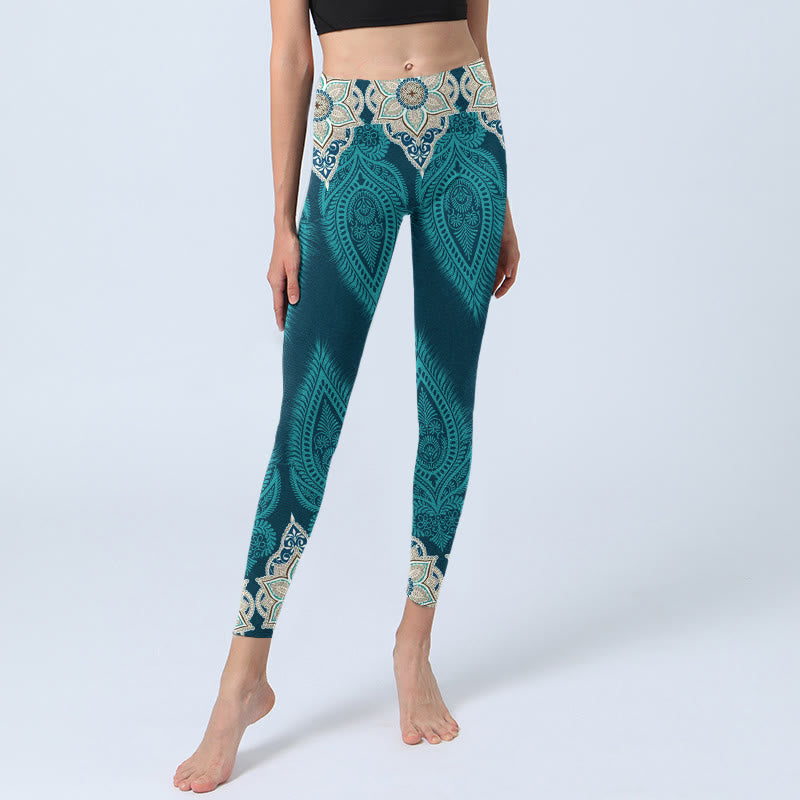 Buddha Stones Grüne Feder Blumendruck Gym Fitness Leggings Damen Yogahose - image 6