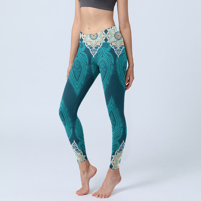 Buddha Stones Grüne Feder Blumendruck Gym Fitness Leggings Damen Yogahose - CadetBlue - US18， UK/AU22，EU50 (4XL) - image 1