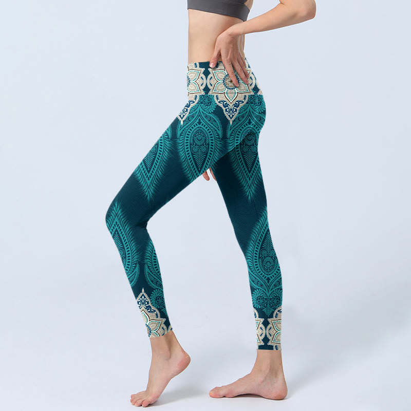 Buddha Stones Grüne Feder Blumendruck Gym Fitness Leggings Damen Yogahose - image 3