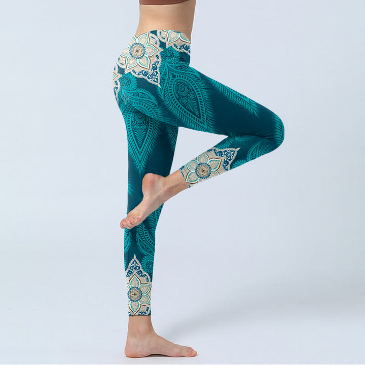 Buddha Stones Grüne Feder Blumendruck Gym Fitness Leggings Damen Yogahose