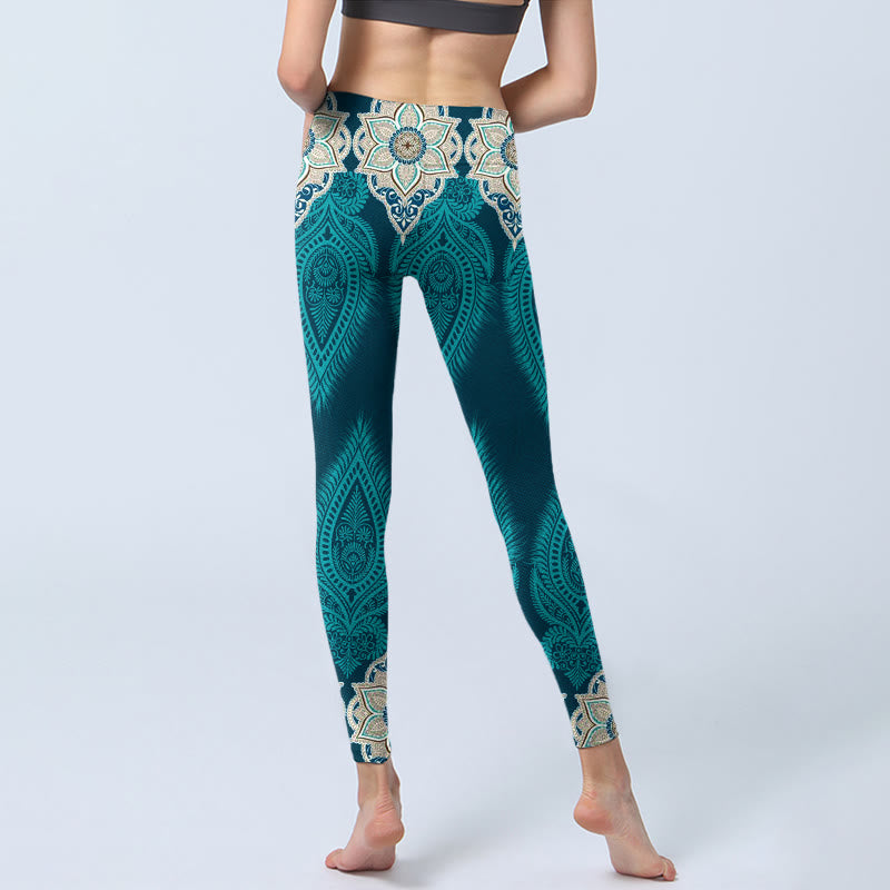Buddha Stones Grüne Feder Blumendruck Gym Fitness Leggings Damen Yogahose - image 6