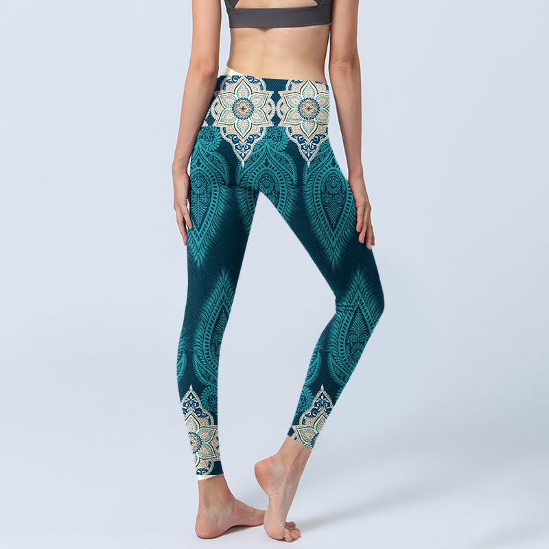 Buddha Stones Grüne Feder Blumendruck Gym Fitness Leggings Damen Yogahose - image 4