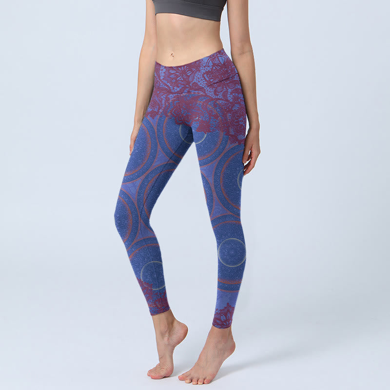 Buddha Stones, lila Kompass, Mandala-Blumendruck, Fitnessstudio, Fitness-Leggings, Damen-Yogahose - Mittelviolett - US18， UK/AU22，EU50 (4XL) - image 1