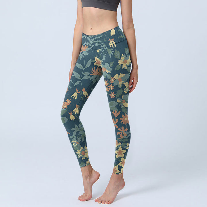 Buddha Stones Lässige Gänseblümchen-Blumen-Blätter-Druck-Gymnastik-Fitness-Leggings Damen-Yogahose